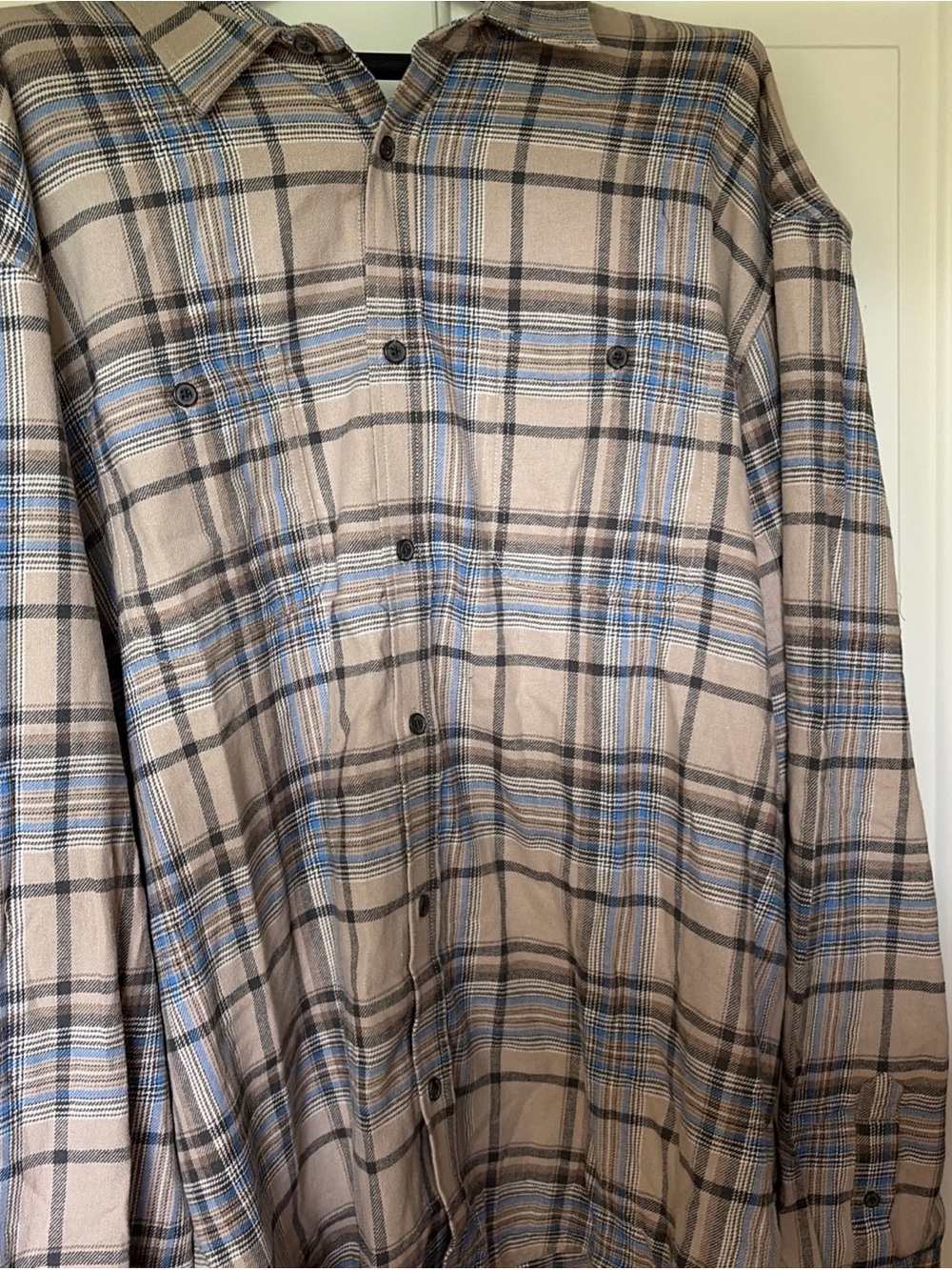 Old Navy Beige Plaid Button-Front Shirt Jacket with Blue Stripes